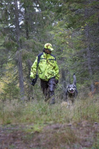 En man med jaktkläder och ett vapen på axeln går med en jakthund i skogen.